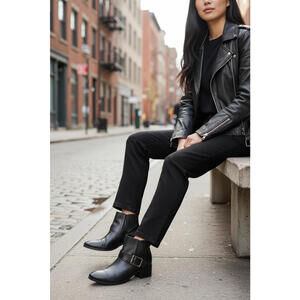 Aquatalia Women's 8.5 Black Weatherproof Leather Cowboy Ankle Boots Italy